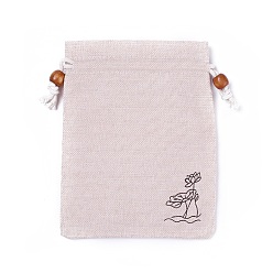 Античный Белый Мешковины упаковочные пакеты, шнурок сумки, с деревянных бусин, старинный белый, 13.8~14.3x10.8~11.5 см