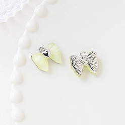 Light Yellow Alloy Resin Pendants, Platinum, Bowknot Charms, Light Yellow, 15x18mm