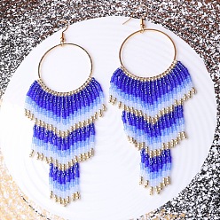 Синий Серьги-кольца с кисточками из сплава стеклянных бусин, золотые, синие, 125x50 мм