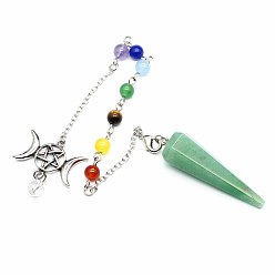 Зеленый Авантюрин Биолокационные маятники из натурального зеленого авантюрина, с тройным пентаклем луны из сплава, бусинами из драгоценных камней и латунной цепочкой, подвеска с шестиугольным конусом, 200 мм