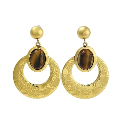 Настоящее золото 18K 304 серьги-гвоздики из нержавеющей стали с натуральным тигровым глазом в стиле бохо, плоско-круглые, реальный 18 k позолоченный, 65.5x42 мм