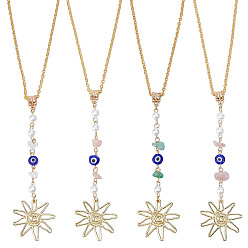 Золотой 4шт. подвеска из натурального розового кварца, солнечного камня, зеленого авантюрина, стекла и акрила, с железной цепью, для автомобильных подвесных украшений, солнце, золотые, 240 мм