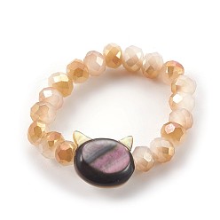Bisque Electroplate Glass Stretch Rings, with Shell, Cat Head, Bisque, Size: 10, 20mm