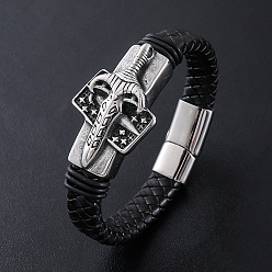 Античный Серебристый & Цвет Нержавеющей Стали Браслеты из плетеного шнура из искусственной кожи в стиле панк, 304 Браслеты с подвесками в виде мечей из нержавеющей стали для мужчин, с магнитной застежкой, старинное серебро и цвет нержавеющей стали, 8.66 дюйм (22 см)