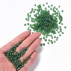 Green Glass Seed Beads, Trans. Colours Lustered, Round, Green, 4mm, Hole: 1.5mm, about 4500pcs/pound