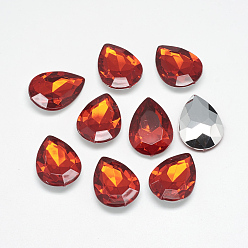 Красный Акриловый горный хрусталь обратил назад кабошоны, граненые, Дно посеребренные, слеза, красные, 18x13x4.5~4.8 мм