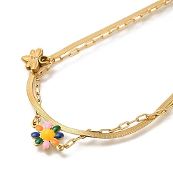 Разноцветный Ионное покрытие (ip) 304 двухслойные эмалевые ожерелья из нержавеющей стали с подвесками в виде цветов и пчел для женщин, реальный 14 k позолоченный, красочный, 16.34 дюйм (41.5 см)