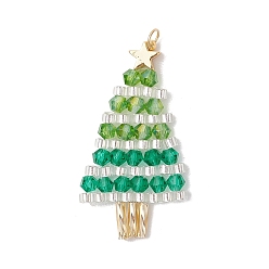 Зеленый Новогодняя елка из стеклянных бисеров с подвесками в виде звезд, с 304 кольцами из нержавеющей стали, бисс и стеклом, граненые, зелёные, 38x20.5x4 мм, отверстие : 3 мм
