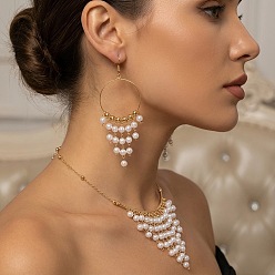 Кремово-белый Комплекты сережек и колье из сплава и искусственного жемчуга с круглыми кисточками для женщин., кремово-белые, 380 мм