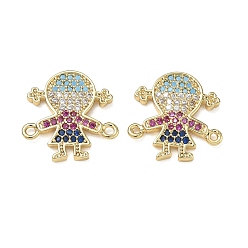 Golden Brass Micro Pave Colorful Cubic Zirconia Connector Charms for Jewelry Making, Girl Links, Cadmium Free & Lead Free, Real 18K Gold Plated, Golden, 15.5x16x1.5mm, Hole: 1.2mm