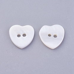 Floral White 2-Hole Shell Buttons, Undyed, Heart, Floral White, 12x12x2mm, Hole: 1.4mm