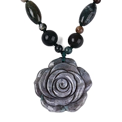 Indian Agate Natural Indian Agate Flower Pendant Necklaces, with Stainless Steel Clasps, Stainless Steel Color, 18.50 inch(47cm)~20.67 inch(52.5cm)