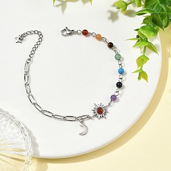 Ágata Roja 7 Cadena de cuentas de piedras preciosas de chakras y 304 Pulseras de cadena de clip de papel de acero inoxidable, Pulseras con dijes de sol de cornalina natural, color acero inoxidable, 7.48 pulgada (19 cm)