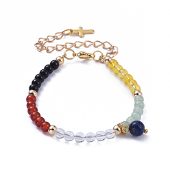 Golden Natural Gemstone Salvation Bracelet, Charm Bracelets, with Brass Round Beads, 304 Stainless Steel Cross Charms and Lobster Claw Clasps, Golden, 6-1/2 inch(16.5cm)