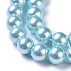 Aqua Eco-Friendly Dyed Glass Pearl Round Beads Strands, Grade A, Cotton Cord Threaded, Aqua, 8mm, Hole: 0.7~1.1mm, about 52pcs/strand, 15 inch