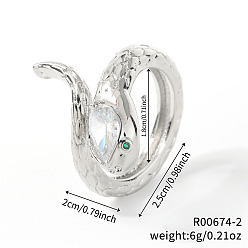 Серебро Открытые кольца-манжеты в форме змеи из латуни с паве из кубического циркония, серебряные, 20 мм, внутренний диаметр: 18 мм