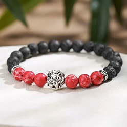 Красный Браслеты из эластичной ткани с круглыми бусинами из натуральной лавовой породы и камня шоушань., Ювелирные изделия из сплава в виде льва для мужчин, окрашенные, красные, 7.09 дюйм (18 см)
