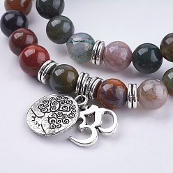 Indian Agate Natural Indian Agate Wrap Bracelets, with Alloy Finding, Om Symbol and Tree of Life, 36.22 inch~39.37 inch(92~100cm)