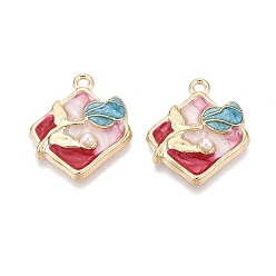 Светло-Вишневый Подвески из эмали и сплава, Подвески в виде ромба и розы, с ABS имитации жемчуга, золотой свет, светло-вишневый, 23x20x4.5 мм, отверстие : 1.8 мм