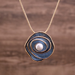 Стально-синий Сплав эмаль змея цепь роза цветок подвеска ожерелья, с пластиковой имитационной жемчужиной, золотые, стальной синий, 19.09 дюйм (48.5 см)