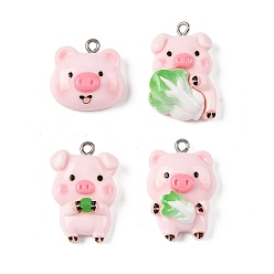 Розовый Непрозрачные подвески смолы, амулеты в виде свиньи и капусты, с платиновыми тоновыми железными петлями, туманная роза, 20~27.5x18~19x7~8.5 мм, отверстие : 2 мм