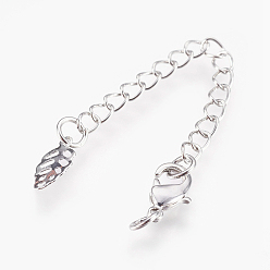 Platinum Brass Chain Extender, with Lobster Claw Clasps, Cadmium Free & Nickel Free & Lead Free, Long-Lasting Plated, Leaf, Platinum, 70~76x3mm, Hole: 2.5mm, Clasps: 10x6x3mm