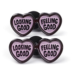 Pink Alloy Enamel Brooches, Enamel Pin, with Plastic Clutches, Heart Spectacles with Word Looking Good Feeling Good, Electrophoresis Black, Pink, 13x29.5x11mm