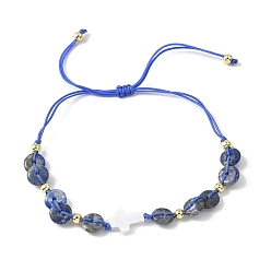 Ляпис-Лазурь Бусины из натурального лазурита плетеные браслеты из бусин, с 304 бусинами из нержавеющей стали и крестом из натуральных ракушек, внутренний диаметр: 1-1/8~3 дюйм (2.7~7.6 см)