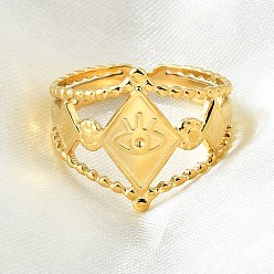 Настоящее золото 14K Ромб с дурным глазом 304 манжеты из нержавеющей стали, ионное покрытие (ip) открытые кольца, реальный 14 k позолоченный, широк: 15.5 мм