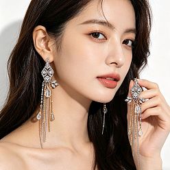 Platinum & Golden Alloy & Crystal Rhinestone Stud Earrings, Glass Tassel Earrings, Rhombus, Platinum & Golden, 156x21mm