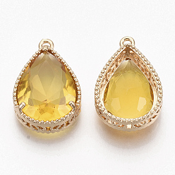 (932FM) Темно-синий аква-матовый с подкладкой Граненые подвески стекла, с медными тонированными латунными открытыми спинками, слеза, темно-золотистые, 23x15.5x6.5 мм, отверстие : 1.5 мм