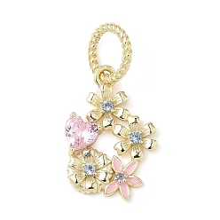 Pink 925 стерлинговое серебро, паве из кубических цирконий с эмалевыми подвесками, цветочные подвески золотые, розовые, 17.5x12x3 мм, отверстие : 5.5 мм