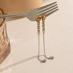 Real Gold Plated & Stainless Steel Color 304 Stainless Steel Chain Tassel Stud Earrings for Women, Real Gold Plated & Stainless Steel Color, 48.7x8mm