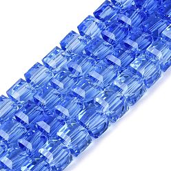 Azul Royal Cuentas de vidrio transparentes, cubo, facetados, azul real, 7x7x6.5~7 mm, agujero: 1.2~1.6 mm, sobre 96~101 unidades / cadena, 25.39~28.54 pulgada (64.5~72.5 cm)