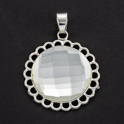 Platinum Alloy Pendants, with Glass Cabochon, Flat Round, Platinum, 36x26x5mm, Hole: 6.3x4.5mm