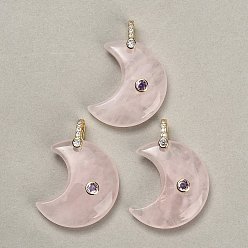 Quartz Rose Naturel a augmenté pendentifs en quartz, charmes lune, avec des pierres précieuses en laiton pavées de zircone cubique, or, 28~30x24.5~25.5x8~9mm, Trou: 5.5x6mm