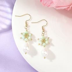 Vert Boucles d'oreilles pendantes en perles de verre biconiques en forme de larme, plaquées or et traitées anti-ternissement, flocon de neige, 304 boucles d'oreilles pendantes en acier inoxydable pour femmes, verte, 55x15mm