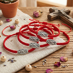 Red 5Pcs Adjustable Braided Nylon Cord Bracelets, Alloy Our Lady of Guadalupe Jewelry for Women Men, Red, 11.02 inch(28cm)