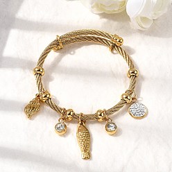 Настоящее золото 18K 304 Браслеты с подвесками из нержавеющей стали для женщин, форма ракушки и рыбы, с 201 бусинами из нержавеющей стали и стразами, ионное покрытие (ip), реальный 18 k позолоченный, внутренний диаметр: 2-1/4 дюйм (5.7 см)