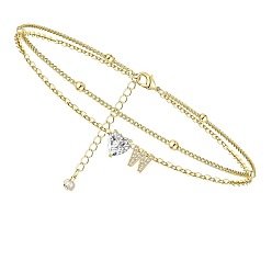 Letter W Двухслойные браслеты на ногу с подвесками в виде сердца и буквы из латуни и кристаллов горного хрусталя, золотые, Буква W, 8-5/8 дюйм (220 мм)