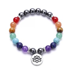 Colorful Alloy Lotus Flower Charm Chakra Round Gemstone Beaded Stretch Bracelets, Platinum, Colorful, 7.28 inch(18.5cm)