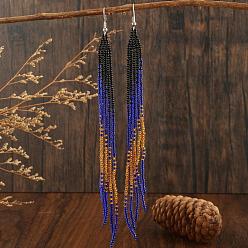 Синий Серьги-кисточки в стиле бохо, с геометрическими стеклянными бусинами ручной работы, платина, синие, 110x11 мм