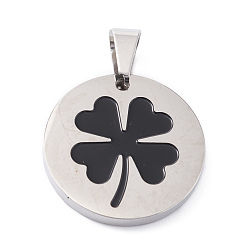 Couleur Acier Inoxydable Pendentifs en acier inoxydable, avec l'émail, polir, plat rond avec le trèfle, couleur inox, 304mm, Trou: 25x3mm