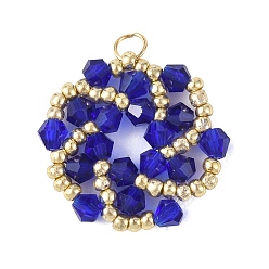 Blue Imitate Austrian Crystal Bicone Glass Beaded Pendants, Flower Charms, with Seed Beads and 304 Stainless Steel Jump Rings, Faceted, Blue, 21x22x3.5mm, Hole: 3mm