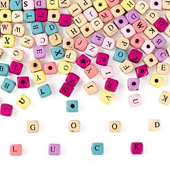 (52) Непрозрачная лаванда 420 шт 2 стиль бусины из натурального дерева с набивным рисунком, горизонтальное отверстие, окрашенные, куб с начальной буквой, разноцветные, 10x10x10 мм, отверстие : 3~4 мм, 210 шт / стиль