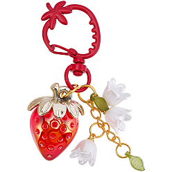 Rouge 1 Décorations pendentif fraise en acrylique (pièce), fermoirs alliage pivotantes, pour les accessoires de sac de clé de voiture, or, rouge, 79.5mm