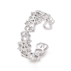 Платина Кольцо-манжета с открытым сердцем из прозрачного кубического циркония, украшения из латуни для женщин, платина, внутренний диаметр: 16 мм