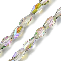 чертополох Прозрачные стеклянные бусины гальваническим пряди, с половиным покрытием цвета радуги, граненые, слеза, чертополох, 7~7.5x4x4 мм, отверстие : 1 мм, около 70~71 шт / нитка, 20.31'' (51.6 см)