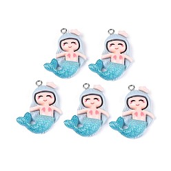 Темно-Голубой Непрозрачные подвески смолы, с блестящей пудрой и железными петлями платинового тона, русалка, глубокое синее небо, 34x20.5x6 мм, отверстие : 2 мм