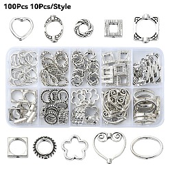 Antique Silver 100Pcs 10 Styles Tibetan Style Alloy Bead Frames, Mixed Shapes, Antique Silver, 10~20x10~20x2~3mm, Hole: 1~1.5mm, 10pcs/style
